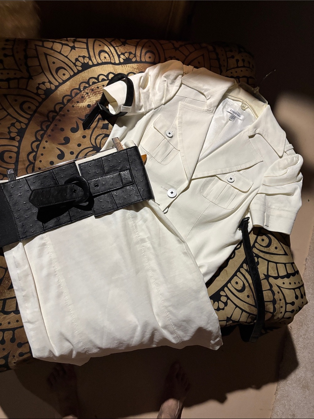 bebe White Two-Piece Skirt Set with Black Belt